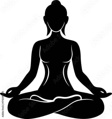 Serene Meditation Silhouette: A minimalist illustration of a person in a meditative posture, embodying peace, mindfulness, and tranquility. 