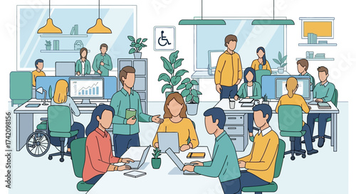 Diverse group people working together in modern, bright office environment, collaborating on projects