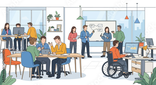 Diverse team people working together in modern office environment, including person in wheelchair, promoting inclusivity and collaboration