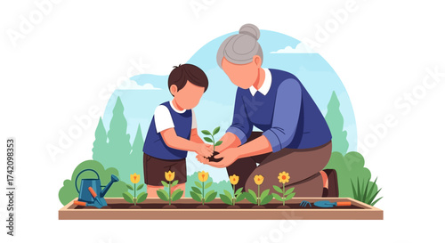 Grandmother and grandson planting small seedling together in garden bed, fostering intergenerational connection and love for nature