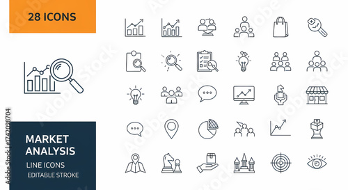 Modern icon set perfect for marketing analysis, SEO, and strategic growth planning, originally created as scalable vector graphics for versatile applications in business