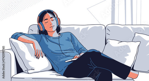 Young person relaxing on couch with headphones on, enjoying music or podcast, with eyes closed and peaceful expression
