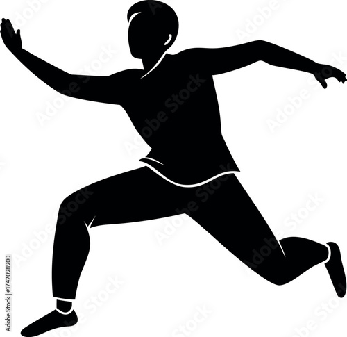 Silhouette of a Man in Motion: A dynamic silhouette captures the essence of movement and energy, the figure mid-stride with outstretched arm, personifying activity and physical prowess.
