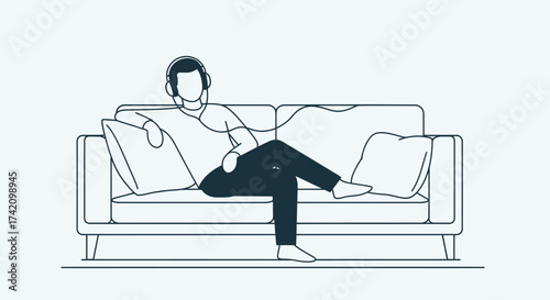 Man with headphones sitting comfortably on sofa, relaxing and listening to music, depicted in simple line style on