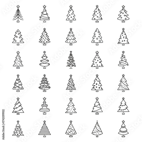 Collection of christmas trees in outline style with various decorations and star toppers isolated on white