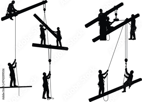 Construction workers silhouette, steel beam installation, teamwork safety, crane lifting operation, industrial site work, high rise building structure, engineering labor