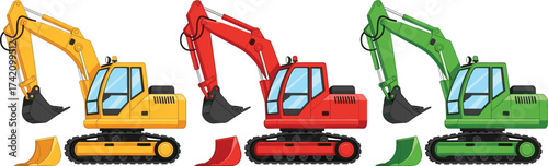 Colorful excavators in yellow, red, and green, construction machinery equipment illustration, heavy industrial vehicles, engineering machines for construction projects, vector design