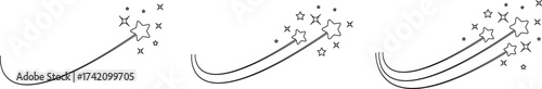 Shooting star icon set with black, outline falling stars, celestial night sky sparkle and comet trail symbols, vector collection for magic, fantasy, astrology and decoration design
