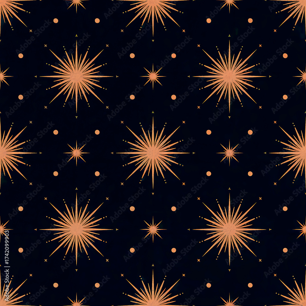 Naklejka premium Seamless pattern of copper fireworks on a dark blue background for festive designs and backgrounds