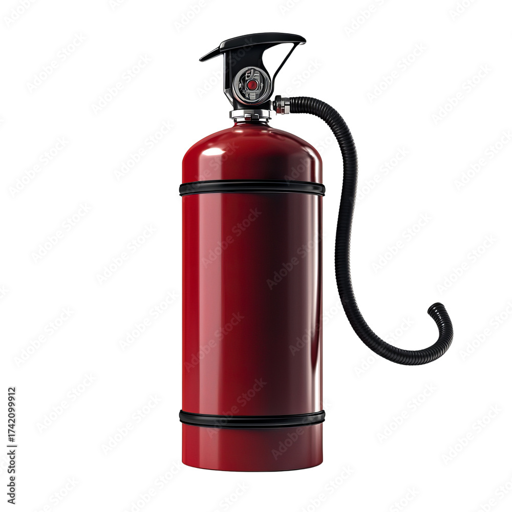 Obraz premium Sleek and modern fire extinguisher in vibrant red stands out against white backdrop