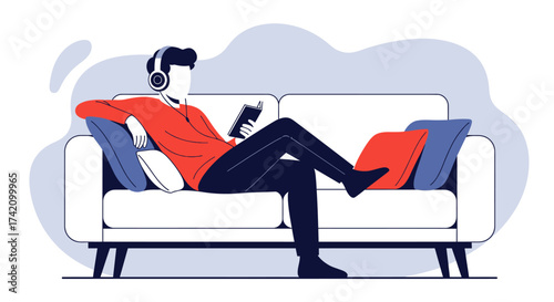 Man relaxing on couch, listening to music with headphones and holding phone, enjoying leisure time at home