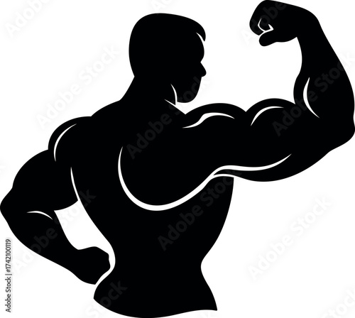A powerful silhouette illustration of a muscular man flexing his bicep, showcasing strength, fitness, and bodybuilding dedication against a clean white background