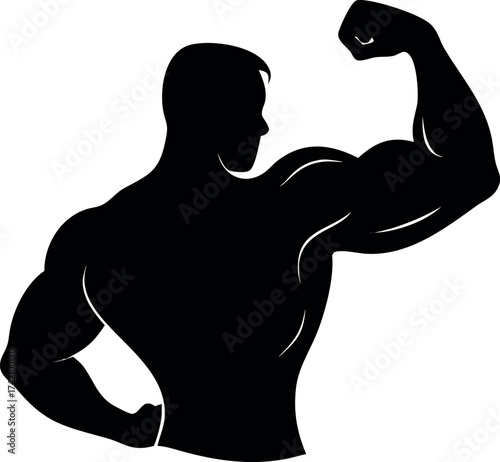 Silhouette of a muscular man flexing his bicep, showcasing strength and fitness with a powerful pose