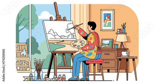 Artist painting landscape on canvas at an easel in bright studio with plants and supplies, creative hobby and inspiration