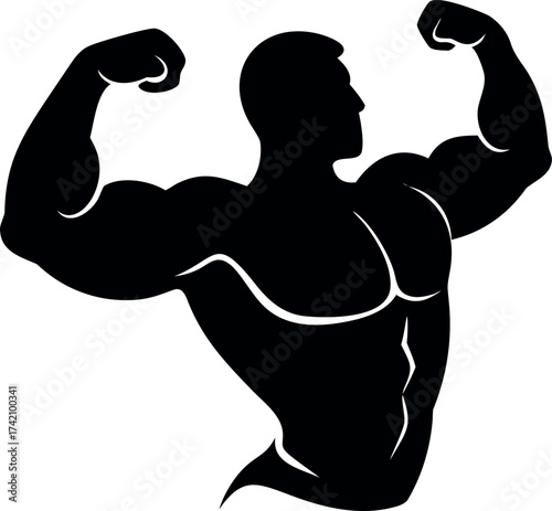 Silhouette of a muscular bodybuilder flexing his biceps in a dynamic pose, showcasing strength and fitness