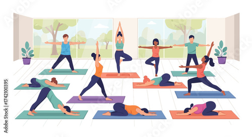 Group diverse people practicing yoga poses on mats in bright, airy studio with large windows and plants