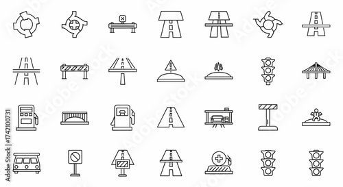 Essential road infrastructure icons for city planning and traffic management visuals, perfect for presentations about urban development and transportation networks