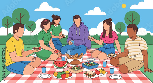 Diverse group friends enjoying sunny picnic in the park, sharing food and conversation on checkered blanket with trees and sky in the