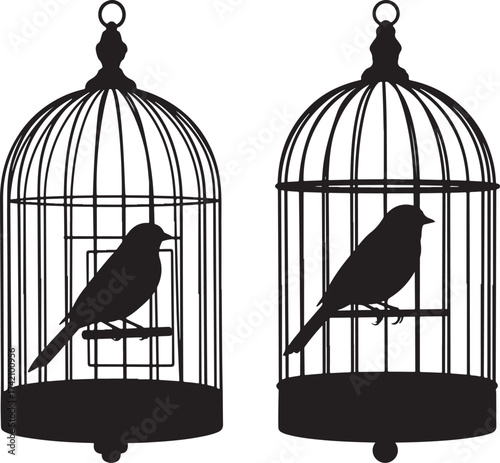Two birds in cages silhouette
