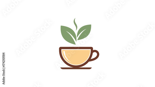 Simple Logo of Herbal Tea Cup with Steaming Green Leaves.