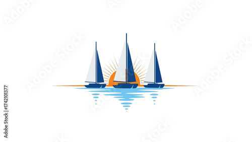 Sailboat Regatta at Sunrise: Ocean Voyage, Reflection, and Water Vector.