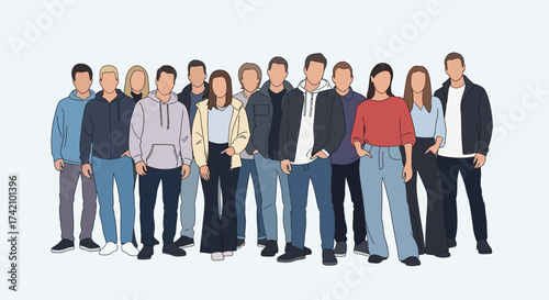 Diverse group young adults standing together, posing for photo