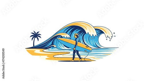 Surfer Man Walking Beach Holding Board With Giant Ocean Waves