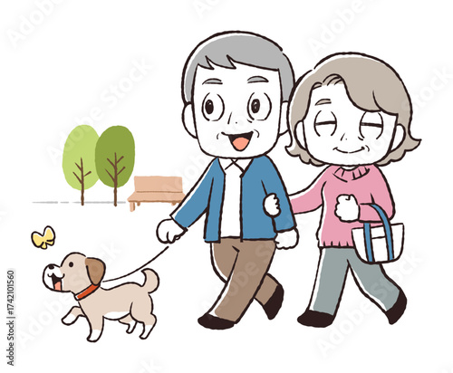 犬の散歩をしているシニア夫婦のイラスト