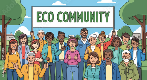 Diverse group people holding banner that says eco community in park setting, symbolizing environmental awareness and collective action for sustainability