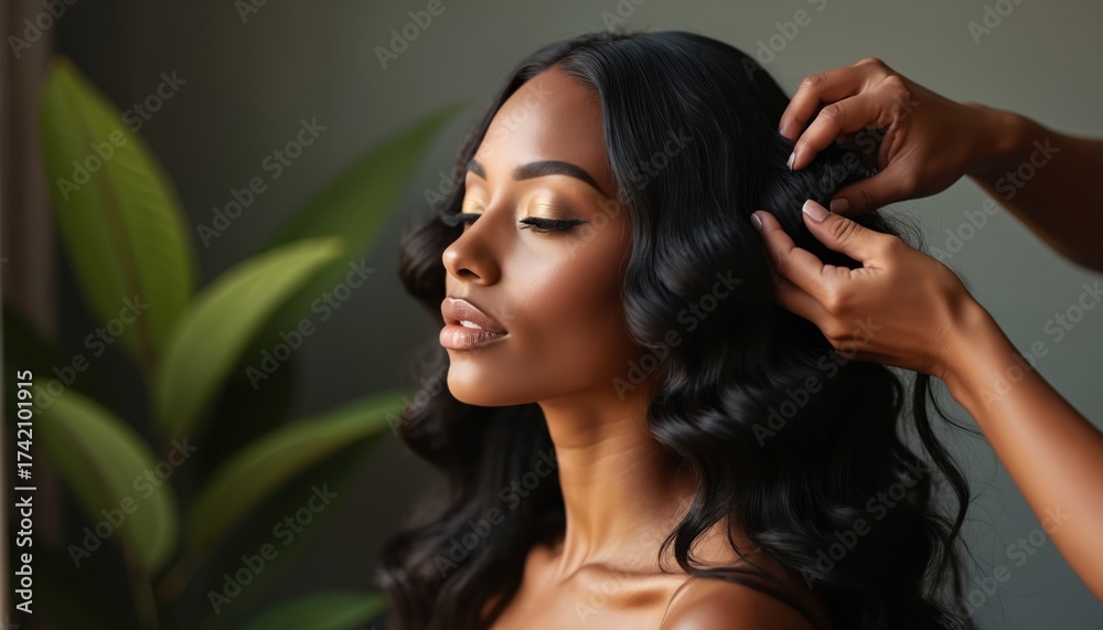 Fototapeta premium Stylist styles woman hair in salon. Long wavy hair. Woman gets hairstyle treatment. Beauty concept. Attractive african woman make-up, coiffure in beauty studio. Lady with perfect skin gets glamour