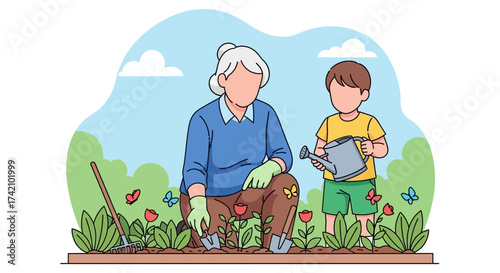 Grandmother and grandson gardening together, planting flowers and watering them in garden setting