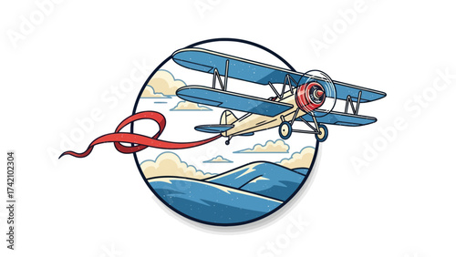 Vintage Biplane Airplane Flying Banner Ribbon Over Mountains Sky Design