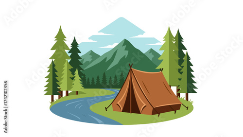 Camping Tent Beside River In Mountain Forest Nature Landscape View