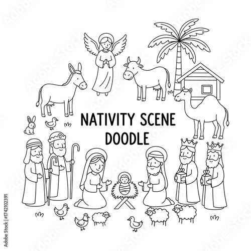 A black and white doodle style nativity scene illustration with animals and religious figures present