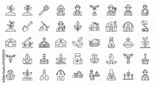 Explore sustainable agriculture with this detailed outline offering of farming, seeds, drones, and farmers, perfect for illustrating modern agricultural practices