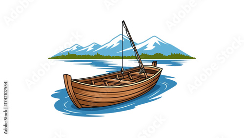 Wooden Fishing Boat On Calm Lake With Mountains Landscape Illustration