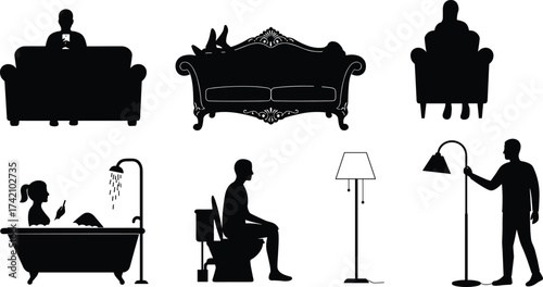 Home lifestyle people silhouettes using phone, sitting on sofa, taking bath, standing with lamp, daily activity interior design illustration