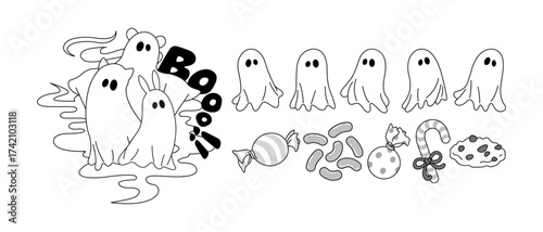 Halloween Pumpkins and Ghosts Monochrome Vector Illustration Set 3