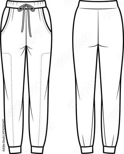 Jogger pants vector, slim fit sweatpants sketch, casual trousers design, unisex jogger illustration, elastic waist pants drawing, fashion apparel technical sketch