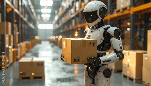 AI-powered humanoid robot revolutionizing warehouse operations, sorting packages in a futuristic automated distribution center