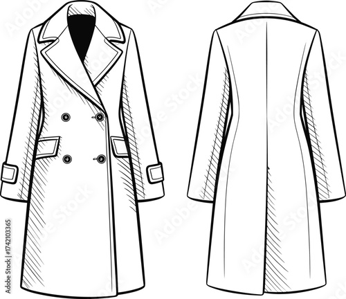 Long coat illustration, trench coat fashion sketch, winter outerwear design, stylish clothing outline, elegant overcoat drawing, women apparel vector, double breasted coat