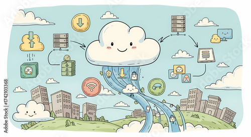 Cute cloud computing network illustration showcasing data transfer and online security for modern tech infrastructure and digital solutions, a vector design