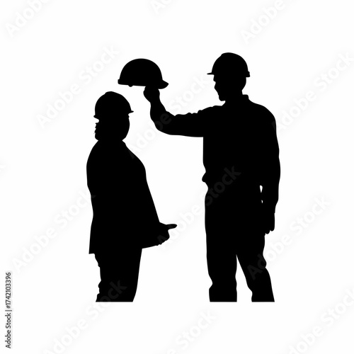 Construction safety inspector silhouette checking helmet isolated on white background