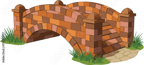 Old stone brick bridge illustration, arched walkway crossing with steps, rustic architecture design, medieval style structure, garden pathway decoration element