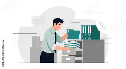 Office Worker Sorting Files and Documents In a Organized Filing Cabinet Illustration
