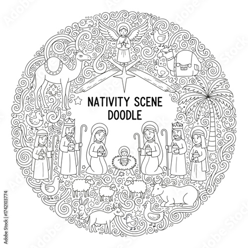 Detailed line art nativity scene doodle with animals and figures in a circular swirl design pattern