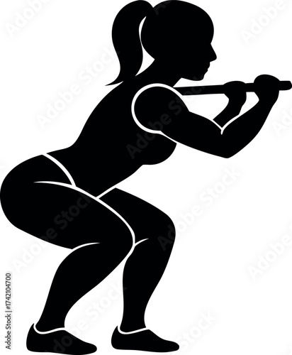 Silhouette of a woman performing a barbell squat exercise, showcasing strength and fitness