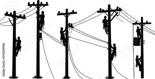 Silhouette electrical linemen climbing utility poles, repairing power lines, teamwork, electricity maintenance, safety harness, infrastructure repair, energy supply, high voltage work