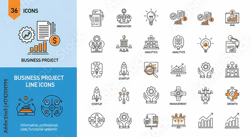 Modern business icons representing growth, innovation, and project success with charts, gears, and people for professional presentations and digital design projects.