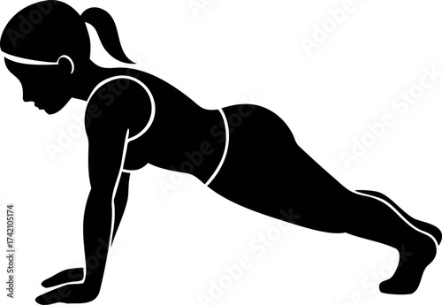 Silhouette icon of a woman in a plank position, performing a core strength training and fitness exercise on a white background